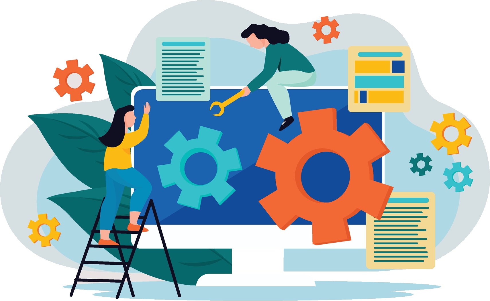 A flat vector illustration representing bug fixing and software maintenance. Two people are collaborating around a large computer monitor displaying a blue screen with a large teal and a large orange gear. One person on the left is climbing a step ladder and reaching towards the screen, while the other sits on top of the monitor using a yellow wrench. Several document windows, smaller colorful gears, and large green leaves float in the background around the screen.