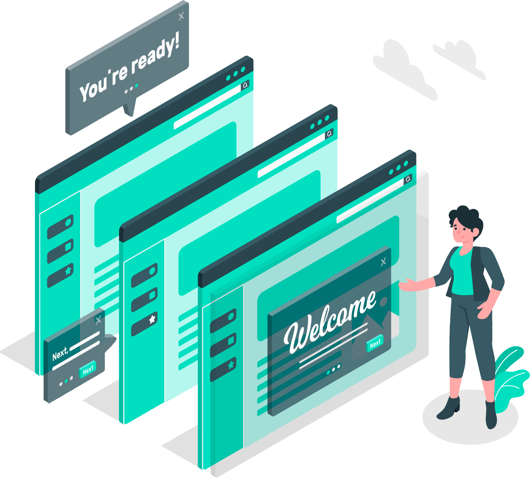 An isometric illustration for custom website development showing a woman gesturing towards three cascading web browser interfaces. The front webpage features a 'Welcome' pop-up modal, while a speech bubble above the back webpage reads 'You're ready!'