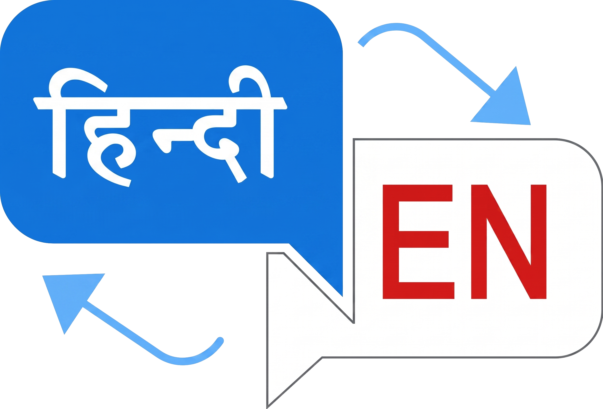 An icon representing internationalization (i18n) and language translation. It features a blue speech bubble on the top left with the word "Hindi" written in white Devanagari script ("हिन्दी"), and a white speech bubble on the bottom right containing the letters "EN" in dark red. Two curved arrows point between the bubbles, indicating a two-way translation or exchange between the two languages.