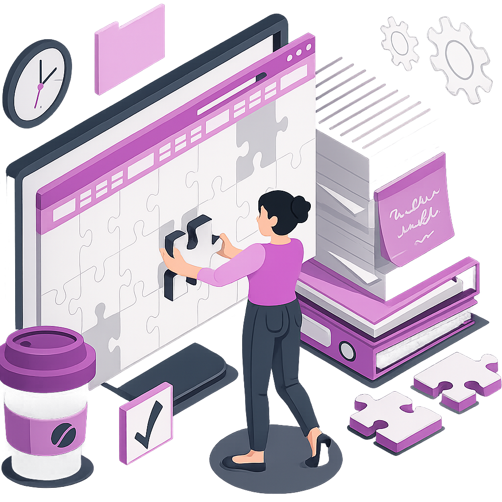 A 3D isometric illustration representing plugin development in a purple, black, and gray color scheme. A woman stands in front of a large computer monitor, placing a puzzle piece into a digital interface displayed on the screen. The workspace is surrounded by various productivity and office elements, including a coffee cup, a checkmark icon, loose puzzle pieces on the floor, a stack of document binders with a pink sticky note, floating gears, a wall clock, and a folder icon.