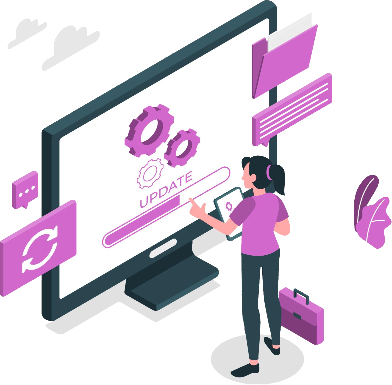 An isometric vector illustration representing site upgradation. A woman holding a tablet points towards a large desktop monitor displaying gears, the word "UPDATE," and a partially filled progress bar. Floating purple elements surround the monitor, including a refresh icon, a file folder, and communication bubbles, with a briefcase resting on the floor beside her.