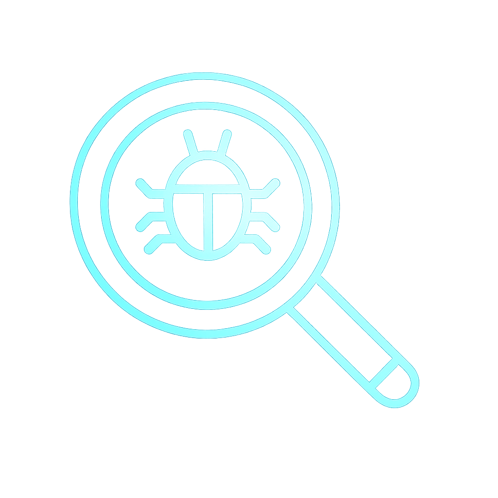 A neon blue line-art icon on a black background representing QA and testing. The icon features a magnifying glass enclosing a stylized insect, symbolizing the search for software bugs.