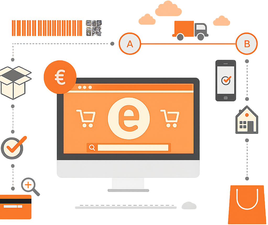 An illustration representing e-commerce website customization. A central desktop monitor displays an orange online storefront featuring shopping cart icons, a central "e", and a search bar. Dotted lines connect various elements of the online shopping journey around the screen: a barcode, cardboard box, and credit card on the left; a delivery truck driving from point A to point B at the top; and a smartphone confirmation, house, and shopping bag on the right. A Euro currency symbol floats near the monitor against the dark background.